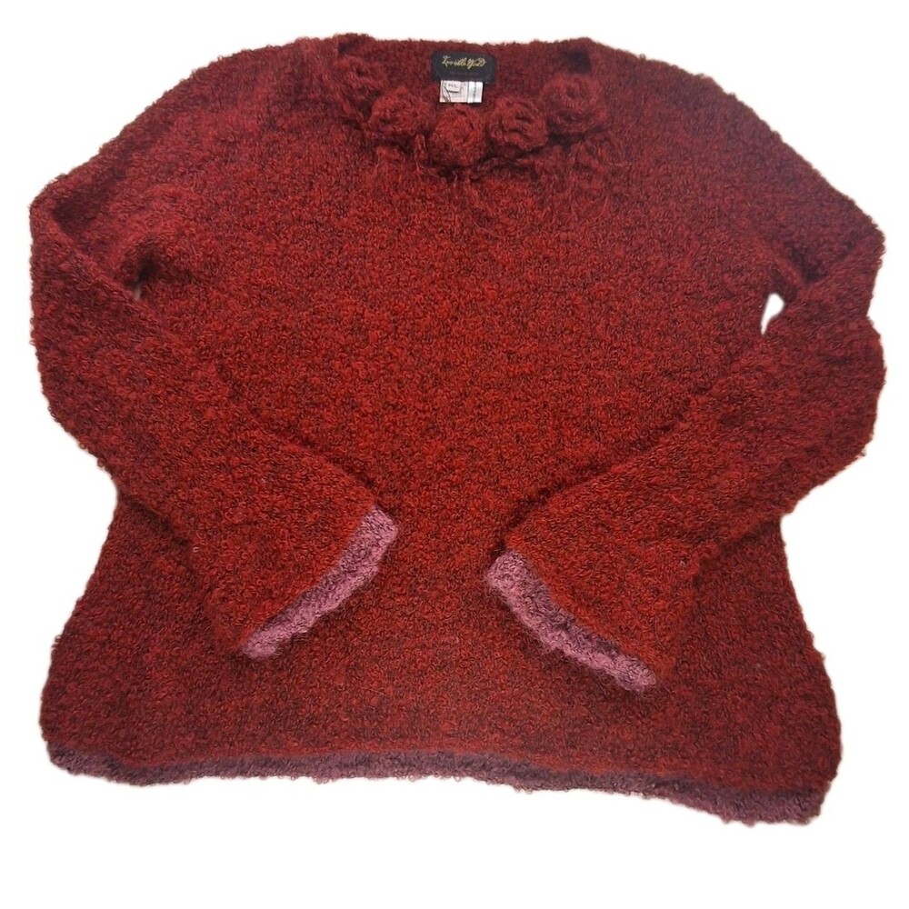 Invisible World Sz M/L Alpaca Wool Sweater Red Pink Rosettes Bolivia Coquette